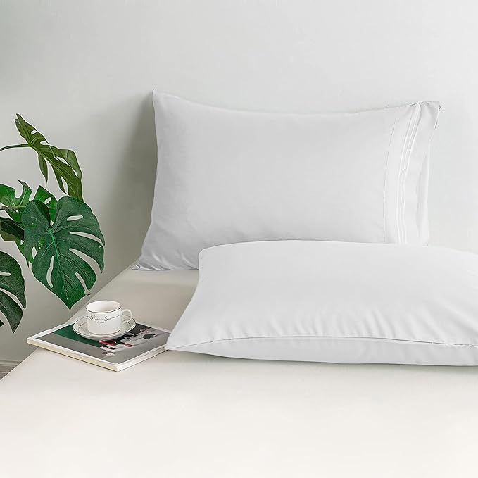 Mocassi 2-Piece Premium King Pillowcase Set 1800 Series Hotel Quality Microfiber - Soft and Breathable with 3-Line Embroidery Wrinkle and Stain Resistant, Easy Care, 20" x 40", White