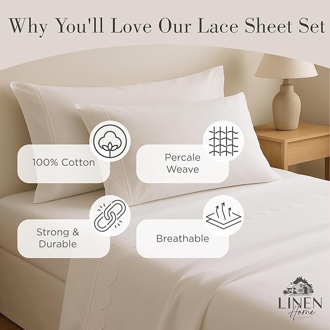 Linen Home 100% Cotton Percale Fluer Lace Pillowcases King Size, White, 2 Pieces of Pillow Case, Crisp and Cool Strong Bed Linen, 20 inches X 40 inches