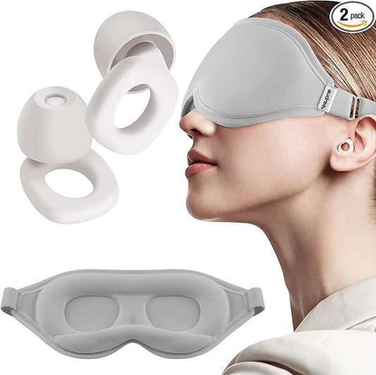 Audree Earplugs- Sleep Mask Set - Noise Cancelling Earplugs and 100% Light Blocking Eye Covers for Sleeping, Travel, Napping, Meditation, Shift Work - Achieve Ultimate Relaxation, White+ Grey