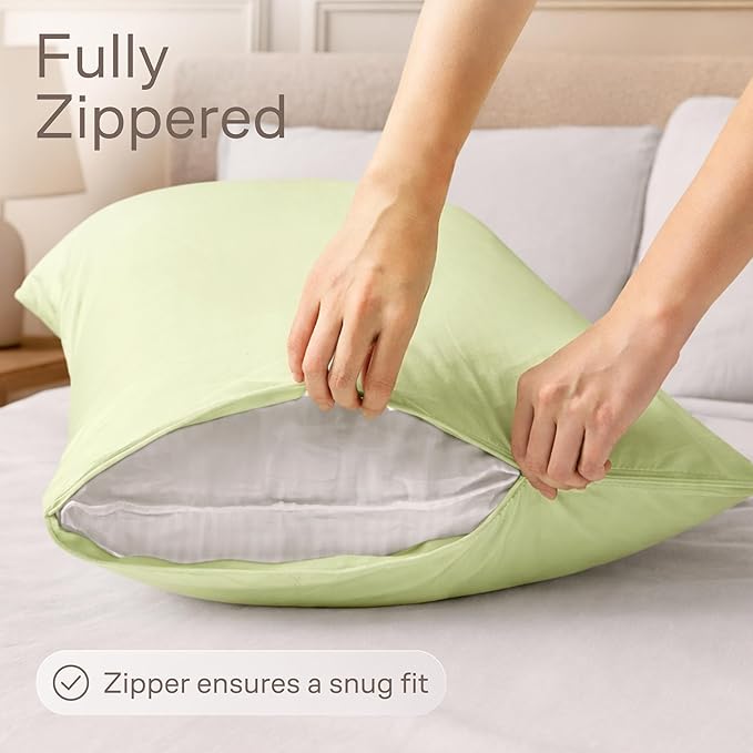 Ultra Soft Pillow Protectors with Zipper Queen Size - Set of 4 Breathable Pillow Covers - 100% Protection Against Stains, Dust & Dirt - Machine Washable (Sage)