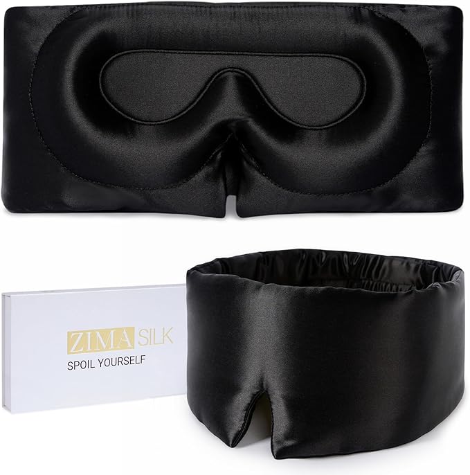 ZIMASILK 22 Momme 100% Mulberry Silk Sleep Mask for Women Sleeping, 3D Contoured Cup Eye Mask for Lash Extensions, Super Soft & Breathable, Blackout Blindfold for Nights (Black)