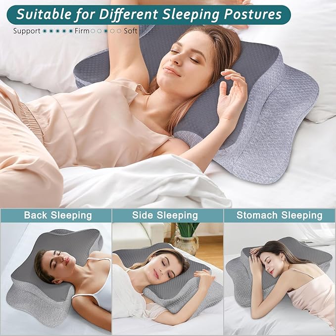 CHxxy Cervical Neck Pillow for Pain Relief Sleeping, Memory Foam Pillows, Ergonomic Side Sleeper Pillows, Orthopedic Neck Support Pillow for Back Stomach Sleepers-King Size Grey&Grey