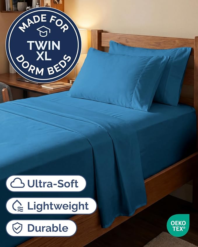 Extra Deep Twin XL Sheet Set - 4 Piece Breathable and Cooling Sheets - Hotel Luxury Bedding for Women, Men, Kids & Teens - Easy & Secure Fit - Soft and Wrinkle Free - Extra Deep Pockets - Denim Blue