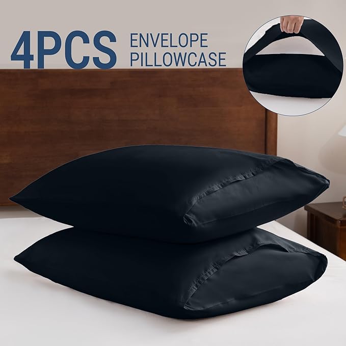 Pillowcases King 4 Pack, 20x36 Pillow Cases with Envelope Closure, Soft Plain Brushed Microfiber Covers Breathable Wrinkle-Resistant, Black