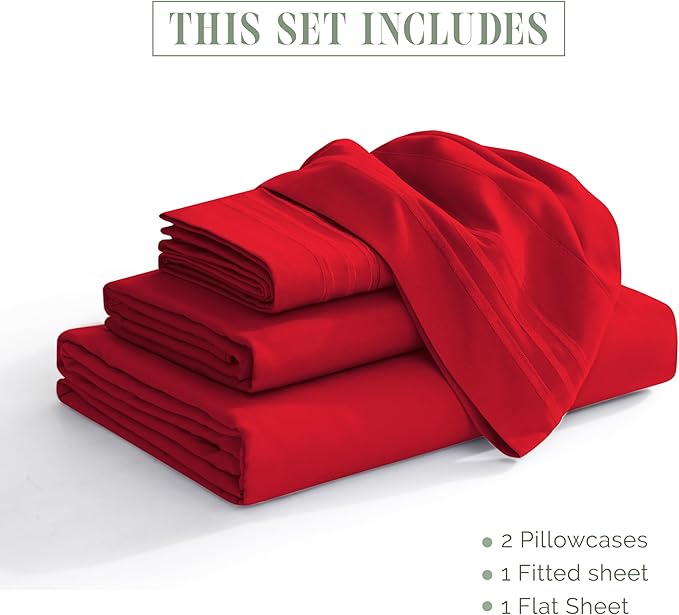 Elegant Comfort Luxurious 1500 Premium Hotel Quality Microfiber Three Line Embroidered Softest 4-Piece Bed Sheet Set, Wrinkle and Fade Resistant, King, Red