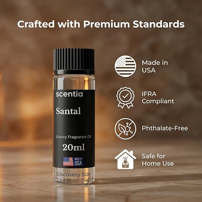 Scentia Santal Sandalwood Fragrance Oil for Diffusers – Luxury Woody Home Scent with Cardamom, Violet Leaf, Amber & Musk – Diffuser Oil for Ultrasonic, Cold Air & Waterless Diffusers – 20 ml