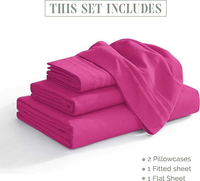 Elegant Comfort Luxurious 1500 Premium Hotel Quality Microfiber Three Line Embroidered Softest 4-Piece Bed Sheet Set, Wrinkle and Fade Resistant, RV Short Queen, Pink