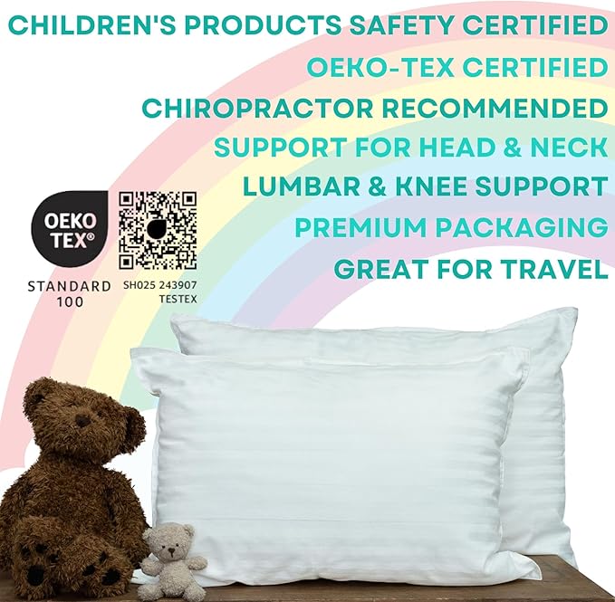 Children Pillow 2x–Certified Hypoallergenic Award Winning kid Pillow (no pillowcase needed) 300TC pure Cotton Shell and Down Alternative fill. Child Bedding by Kinder Fluff- Kids pillow 2+ year old