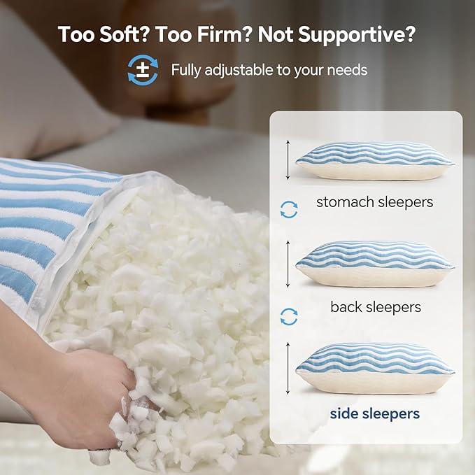 SLEEPDIARY Queen Pillow 1 Pack – Adjustable Shredded Memory Foam Cooling Bed Pillows, Custom Loft for Side, Back, and Stomach Sleepers, Shape-Retaining Support & Washable Cover