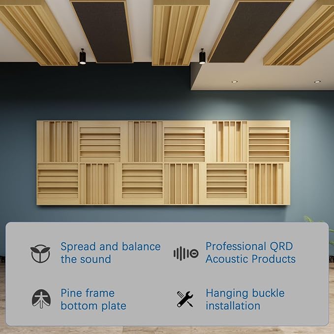 Sound Acoustic Wood Diffuser QRD Wood Acoustic 7-Well Quadratic Residue Diffusion 23.6" x 23.6" x 3.2" for Wall and Ceiling Music Studio