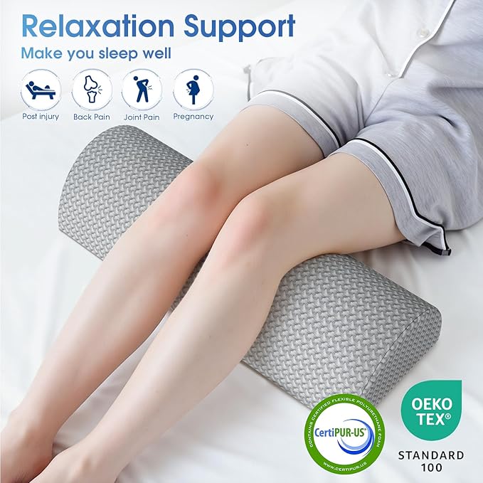 TranquilRelax Knee Pillow for Back Sleeping Memory Foam Half Moon Bolster Pillow for Legs, Under Knee Support, Ankle & Foot Comfort Orthopedic Pillow for Side Sleepers (Grey, 22" x 8.7" x 5.3")