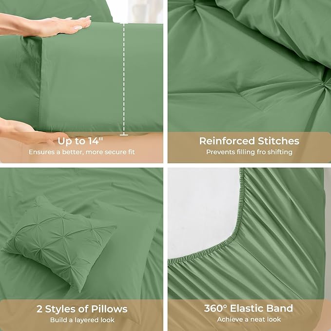 Sasttie Twin XL Comforter Set, 5-Piece Bed in a Bag, Pintuck Bedding Sets for All Season, Includes Comforter, Flat Sheet, Fitted Sheet, Pillowcase and Pillowsham, Green