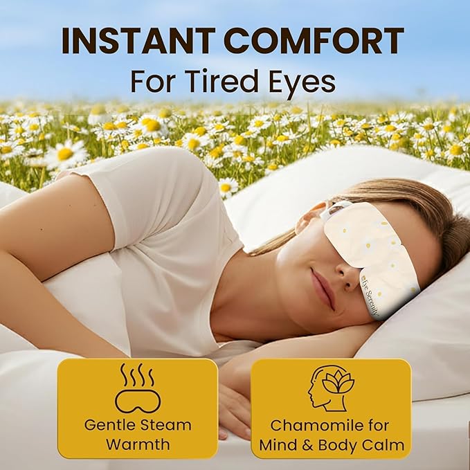 Lure Essentials Steam Eye Mask, Heated Eye Mask, Self Heating Warm Compress for Dry Eyes, Fast Relief for Stye, Puffy Sensitive Eyes, Moist Heat, Relaxation Gifts for Women and Men - Chamomile