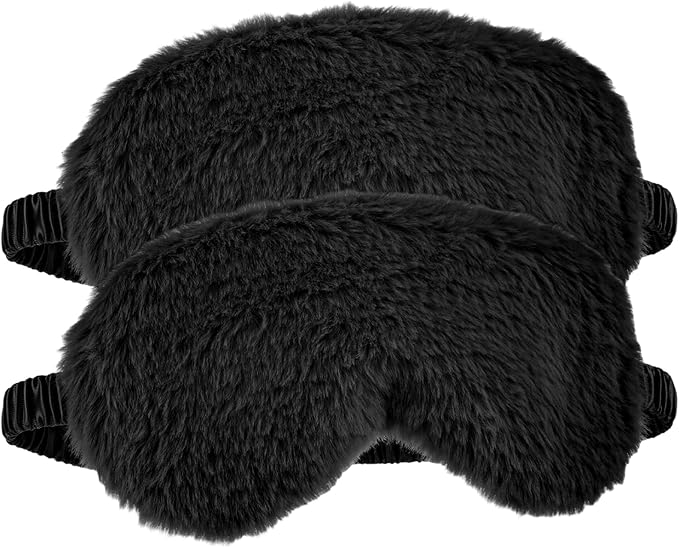 2 Pcs Black Plush Eye Mask Soft Sleeping Blindfold Eye Cover Comfortable Furry Faux Fur Sleeping Mask Satin Nap Night Eyeshade Cover for Women Men Gift