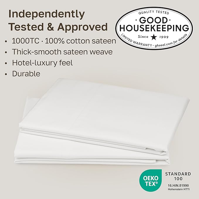 California Design Den Pillow Cases King Size Set of 2 - Luxury 1000 Thread Count Sateen, Soft & Thick 100% Cotton King Size Pillows Cases, Breathable Bedding - True Ivory
