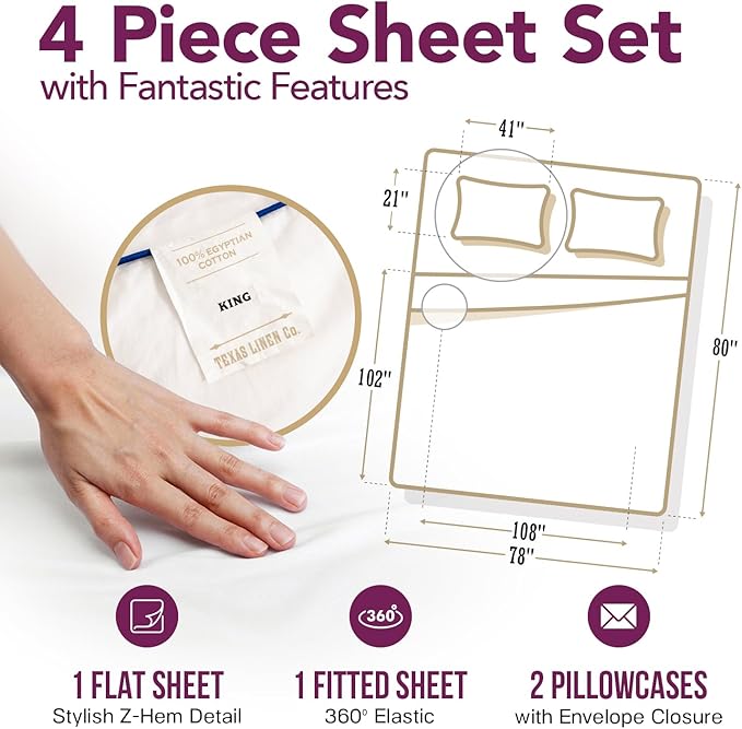TEXAS LINEN CO. 100% Egyptian Cotton Sheets King Size Set - 1200 Series Star Sleepin' Damask Egyptian Cotton Luxury Sheets King Size (4 PC, White Stripe), 17" Deep Pocket, Sateen Hotel Bedding Set