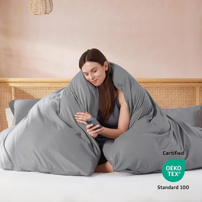 Nestl California King Duvet Cover Set with Comforter Insert - Grey 4 Piece 104x98 Duvet Cover & 2 Pillow Shams with White Quilted Down Alternative Comforter, Ultra Soft, All Season
