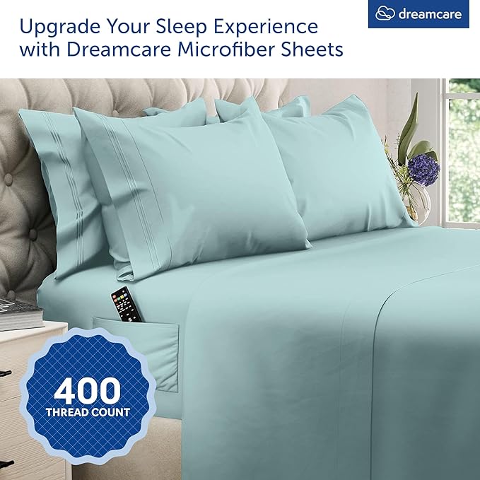 DREAMCARE Queen Sheet Set - 6 pcs Breathable Cooling Bed Sheets - up to 21" Extra Deep Pocket Queen Sheets Set with Side Pockets - Extra Soft 100% Brushed Hypoallergenic Hotel Luxury Bedding -Spa Blue
