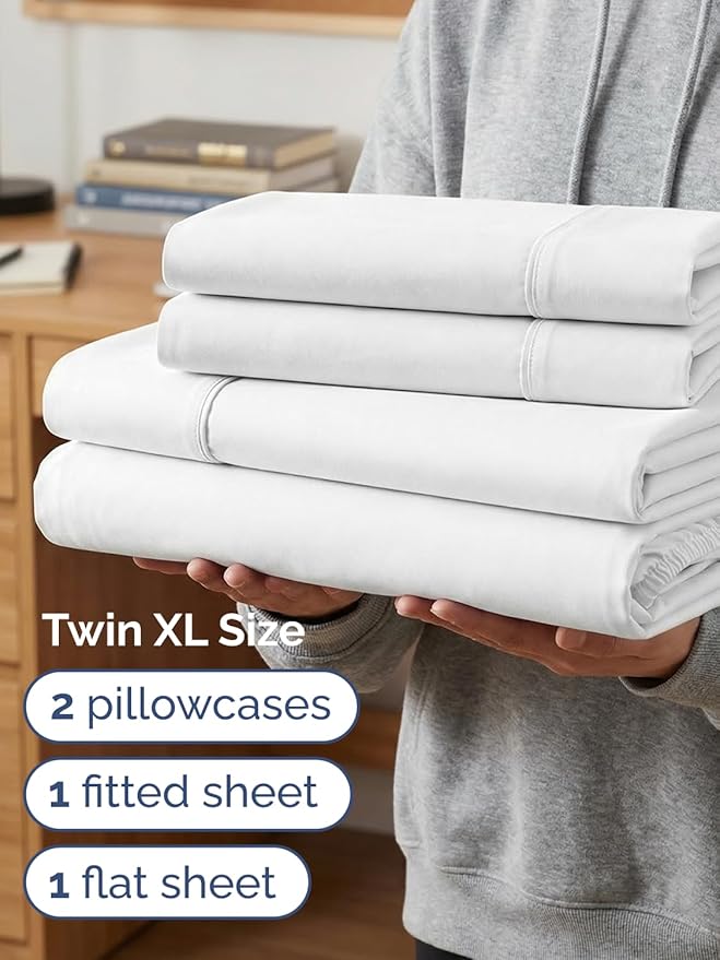 Extra Deep Twin XL Sheet Set - 4 Piece Breathable and Cooling Sheets - Hotel Luxury Bedding for Women, Men, Kids & Teens - Easy & Secure Fit - Soft, Wrinkle Free and Comfy - Extra Deep Pockets - White