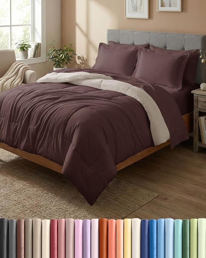 Full Comforter Set - 7 Piece Bed in a Bag Full Size Bed Set - Down Alternative Comforter, Flat Sheet, Fitted Sheet, Pillowcase & Shams for All Seasons - Ultra Soft, Comfy and Breathable - Brown/Beige