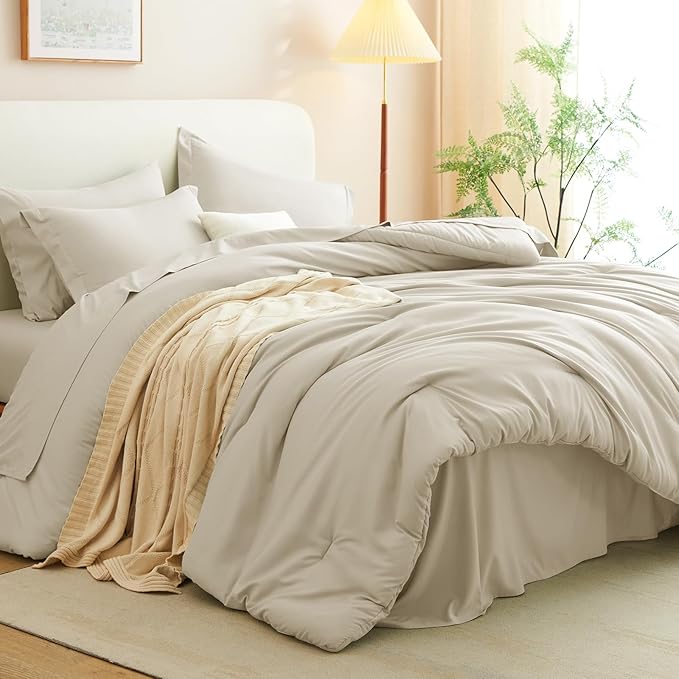CozyLux Queen Comforter Set Oatmeal, 7 Pieces Bed in a Bag Queen Comforter Set with Sheets, Luxury Soft Bedding Sets with Down Alternative Comforter, Fitted Sheet, Flat Sheet, Pillowcases & Shams