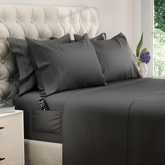 DREAMCARE Queen Sheet Set - 6 pcs Breathable Cooling Bed Sheets - up to 21" Extra Deep Pocket Queen Sheets Set with Side Pockets - Extra Soft 100% Brushed Hypoallergenic Hotel Luxury Bedding - Gray