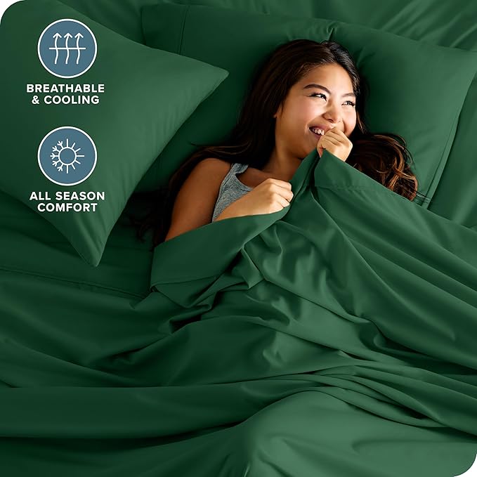 Bare Home Hotel Luxury Split King Sheet Set, Extra Soft, Deep Pockets, Easy Fit, Cooling & Breathable, Wrinkle, Fade, Stain Resistant, Includes 4 Pillowcases (Split King, Forest Green)