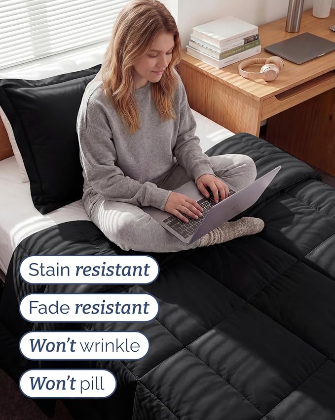 Twin XL Comforter Set - 2 Piece Bed Set for All Seasons - 1 Soft Quilted Comforter with Corner Tabs & 1 Pillow Sham - Comfy & Breathable - Premium Down Duvet Insert - Oeko-TEX - Twin XL Size, Black