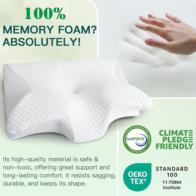 Memory Foam Cervical Pillow, 2-in-1 Ergonomic Neck Support Pillow with Armrest & Ear Hole, Contour Orthopedic Bed Pillow for Pain Relief, Adjustable Height for Side, Back & Stomach Sleepers