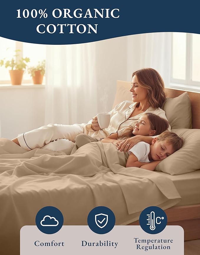LANE LINEN 100% Organic Cotton Sheets Set, Pure Organic Cotton Long- Staple Percale Weave Ultra Soft Best- Bedding Sheets for Bed, GOTS Certified, Fits Mattress Upto 15in. Deep Pocket (Full, Taupe)