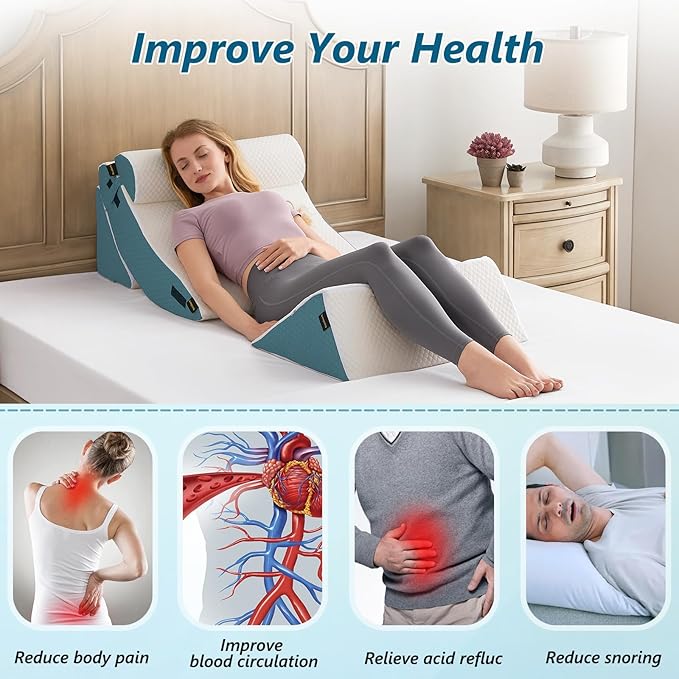 Orthopedic Bed Wedge Pillow Set for Sleeping 6 PCS - Adjustable Triangle Pillow for Neck Leg Support with Washable Cover - 35D Foam Wedge Pillow Post Surgery for GERD & Snoring (White Blue)