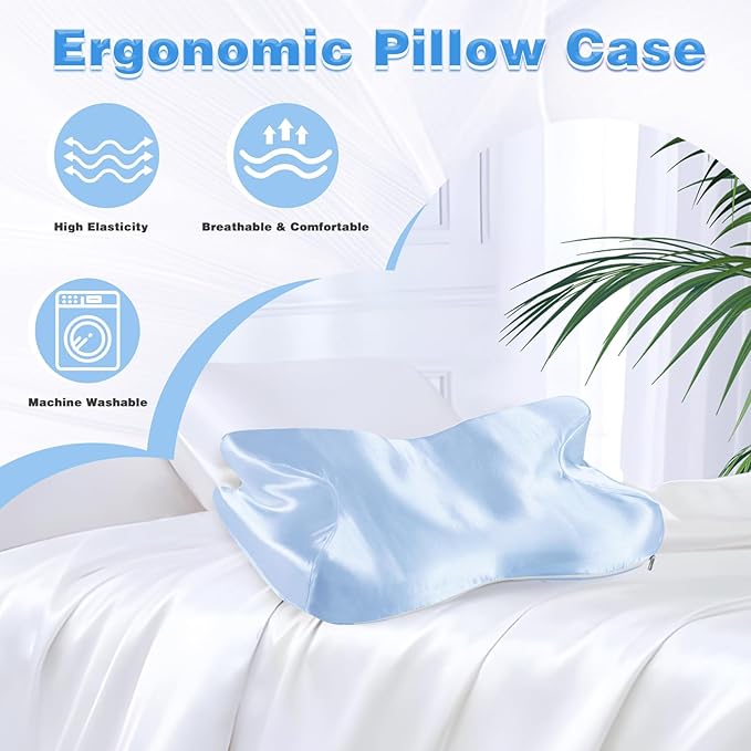 Satin Pillowcase for Cervical Pillow, Baby Blue Silky Cervical Pillow Case Contour Pillow Case Cover with Zipper, Smooth Ergonomic Pillowcase for Neck Pillow Cover