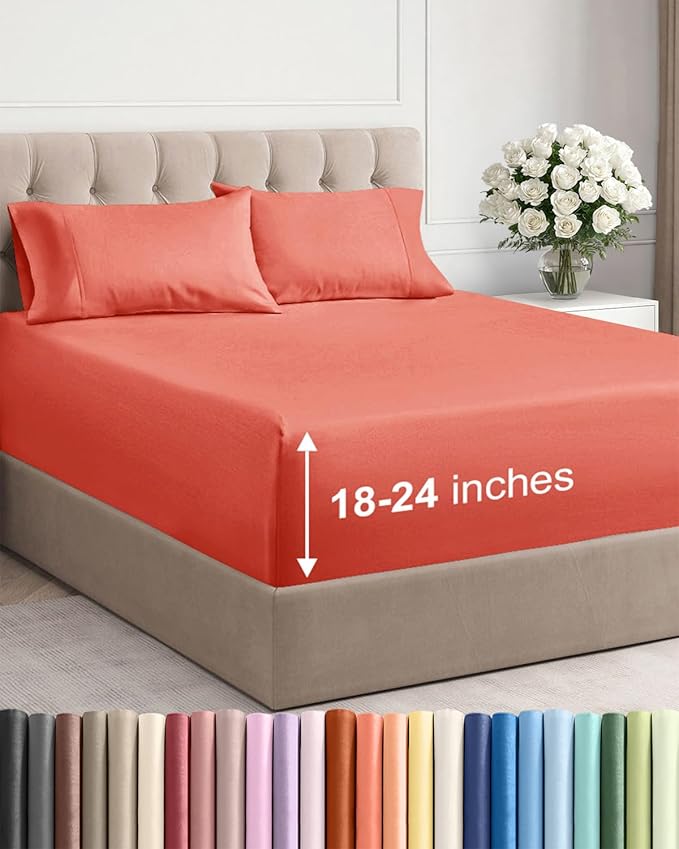Extra Deep King Sheet Set - 4 Piece Breathable & Cooling Bed Sheets - Easily Fits 18 to 24 inch Mattress - Ultra Soft, Wrinkle & Fade Free w/ Extra Deep Pockets - Comfy Hotel Luxury Bedding - Coral