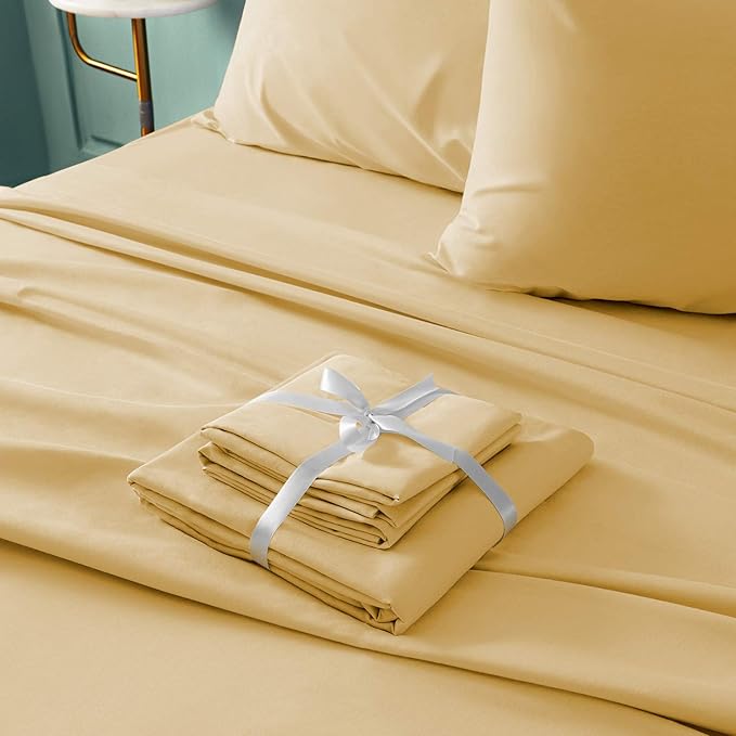 BYSURE 6 Pieces Bed Sheets Set(Full, Gold) - Hotel Luxury Super Soft 1800 Thread Count 100% Microfiber Sheets with Deep Pockets, Wrinkle & Fade Resistant