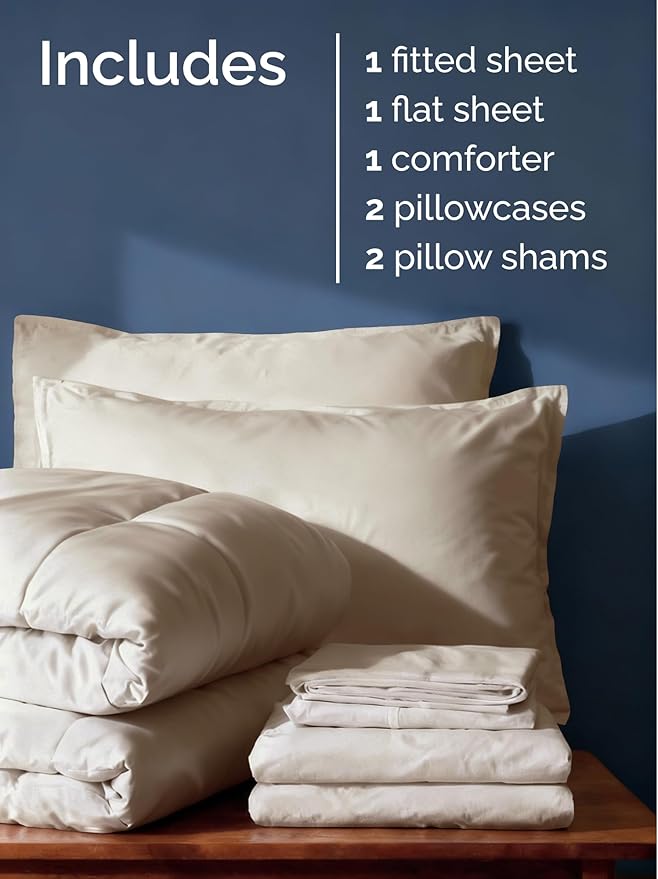 Queen Comforter Set - 7 Piece Bed in a Bag Queen Size Bed Set - Down Alternative Comforter, Flat Sheet, Fitted Sheet, Pillowcase & Shams for All Seasons - Ultra Soft, Cozy, Comfy & Breathable - Wheat