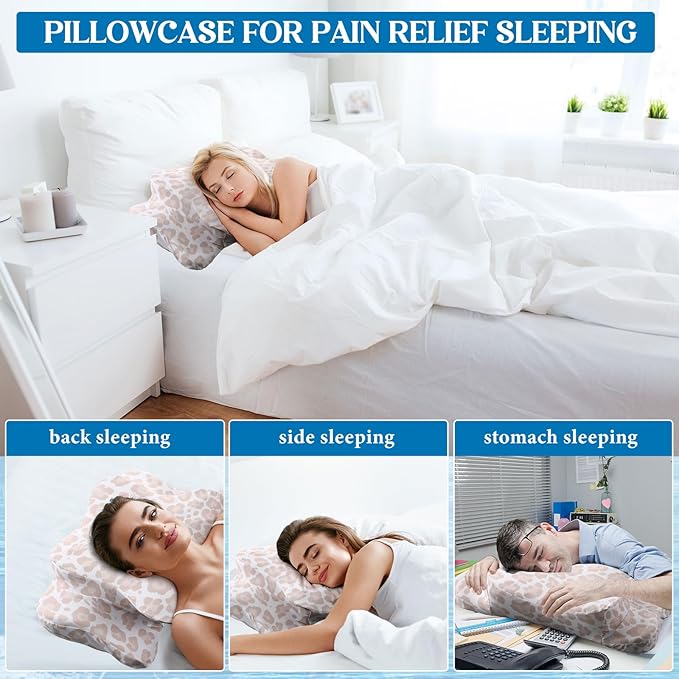 Hahafelt Cooling Cervical Neck Pillowcase Cover (Only Pillow Case) Ergonomic Pillowcase with Zipper Breathable Contour Pillow Cover for Side Back Stomach Sleepers(Leopard Print Color,Queen Size)