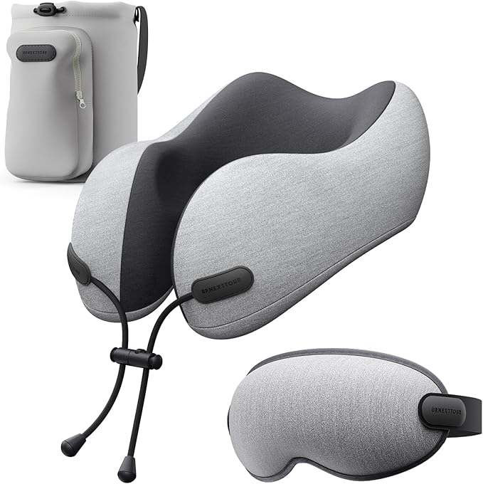 urnexttour Neck Pillow for Travel Memory Foam Design Models Pillows with Zero Eye Pressure 3D Eye Mask and Compact Bag Traveling Essentials Plane Car Flight Rest Sleeping Use Adult, Light Gray