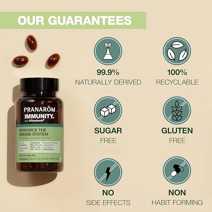 Pranarom - Aromaboost Immunity Herbal Supplement - Black Cumin, Echinacea, Vitamins B9, B12, D3, Pure Ravintsara Essential Oil for Immune Support - 60 Capsules