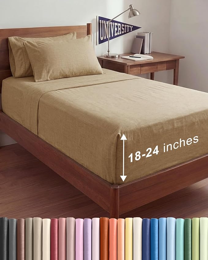 Extra Deep Twin XL Sheet Set - 4 Piece Breathable and Cooling Sheets - Hotel Luxury Bedding for Women, Men, Kids & Teens - Easy Secure Fit - Soft & Wrinkle Free - Extra Deep Pockets - Heathered Tan