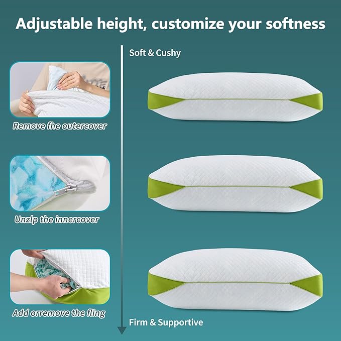 Luxury Hotel Cooling Pillow for Sleeping,Medium Firm Shredded Memory Foam Pillows King Size Set of 2,with Zipper Adjustable Supportive