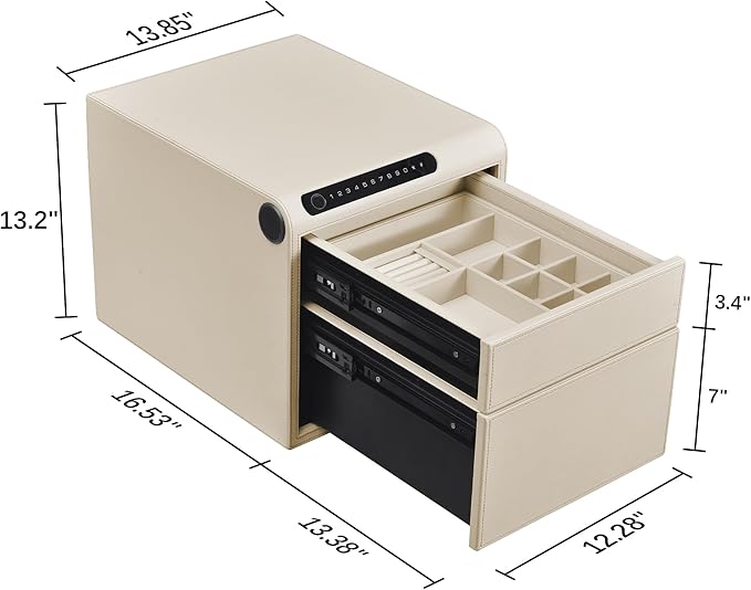 Jewelry Safe with Drawers，Biometric Fingerprint safe, Slide-Away Handgun Safe for Pistols, Leather Wrapped Jewelry Storage Safe, Digital Keypad & Quick-Access Drawer(White- 2 Drawer)