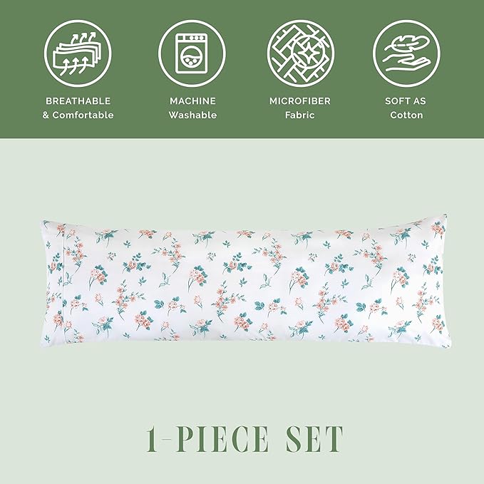 Elegant Comfort Ultra Soft 1-Piece Set Floral Print Pillowcases - 1500 Premium Hotel Quality Microfiber, Soft and Smooth Hidden Zipper Closure 1-Piece Pillow Covers - Body Pillowcase, Pink Celia