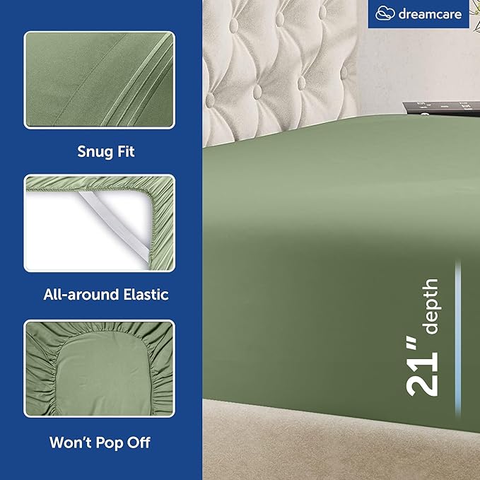 DREAMCARE Queen Sheet Set - 6 pcs Breathable Cooling Bed Sheets - up to 21" Extra Deep Pocket Queen Sheets Set with Side Pockets - Extra Soft 100% Brushed Hypoallergenic Hotel Luxury Bedding SageGreen