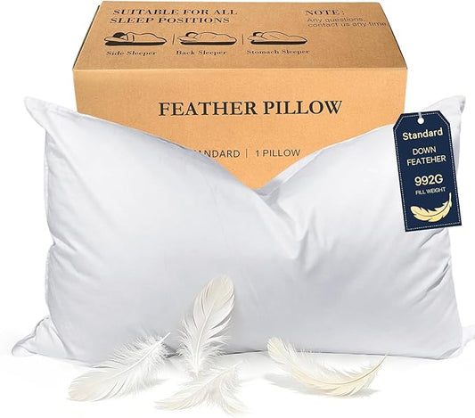 BHZ Goose Down Feather Standard/Queen Pillow, Luxury Hotel Collection Bed Pillow for Sleeping, Firm Soft Support for Side & Back Sleepers for Apartment College Dorm Room Essentials, White