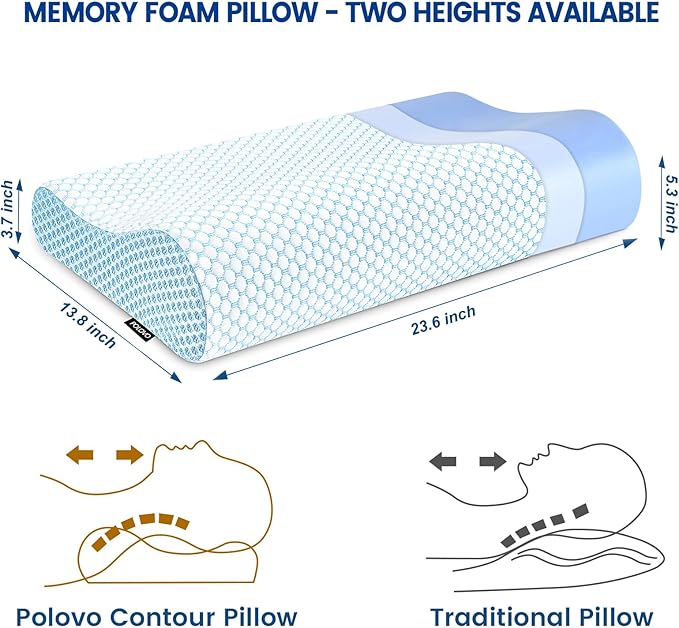 Polovo Neck Pillow Memory Foam Pillows for Sleeping, Ergonomic Cervical Pillow Neck Support Pillow Bed Pillow for Side Back Stomach Sleepers, Contour Pillow for Neck and Shoulder Pain Relief (Blue)