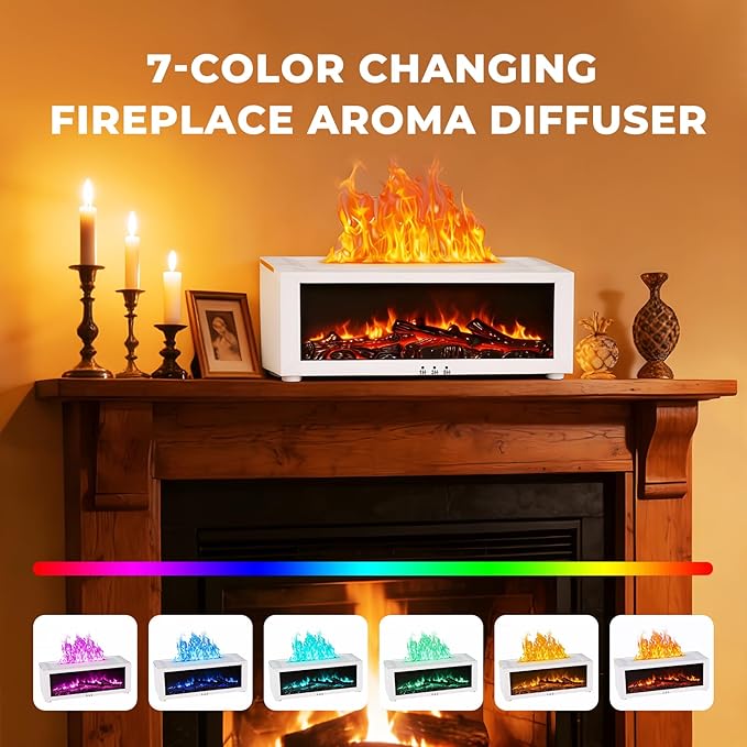 Fireplace Flame Essential Oil Diffuser, 7-Color LED Ultrasonic Aromatherapy Humidifier with Remote Control & Timer, 150ml Waterless Auto-Off Cool Mist Diffuser for Home Bedroom Office Yoga White