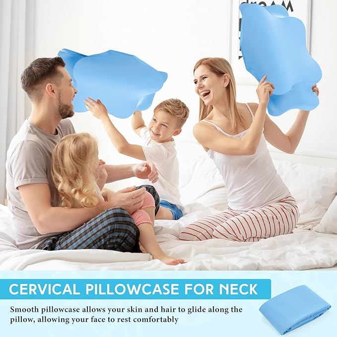 Hahafelt Cooling Cervical Neck Pillowcase Cover (Only Pillow Case) Ergonomic Pillowcase with Zipper Breathable Contour Pillow Cover for Side Back Stomach Sleepers(Blue,Queen Size)