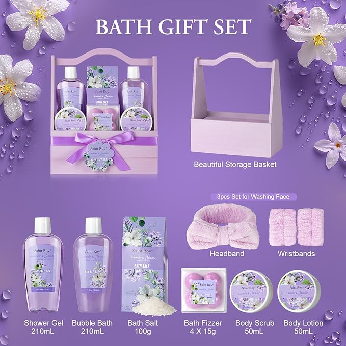 Mothers Day Gifts for Women, Bath and Body Gift Basket Set for Women, Birthday Gifts for Woman Self Care Get, Jasmine Spa Gift Basket 13-Pcs Bath Gift Set, Home Spa Gift Basket, Lavender Gift Baskets