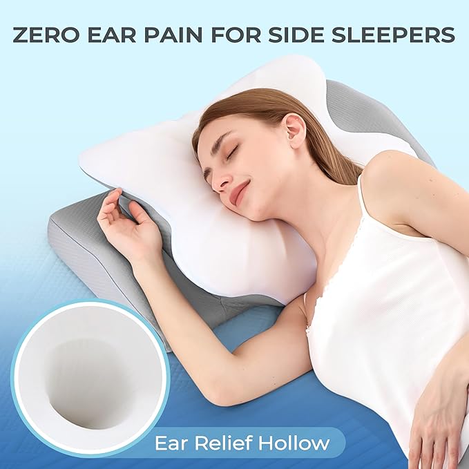 BDEUS Cervical Pillow for Side Sleepers, Neck Pillow for Sleeping, Memory Foam Ergonomic Pillow for Neck Pain Relief, Butterfly Contour with Arm Grooves, Dual Height Cooling Washable Cover, White