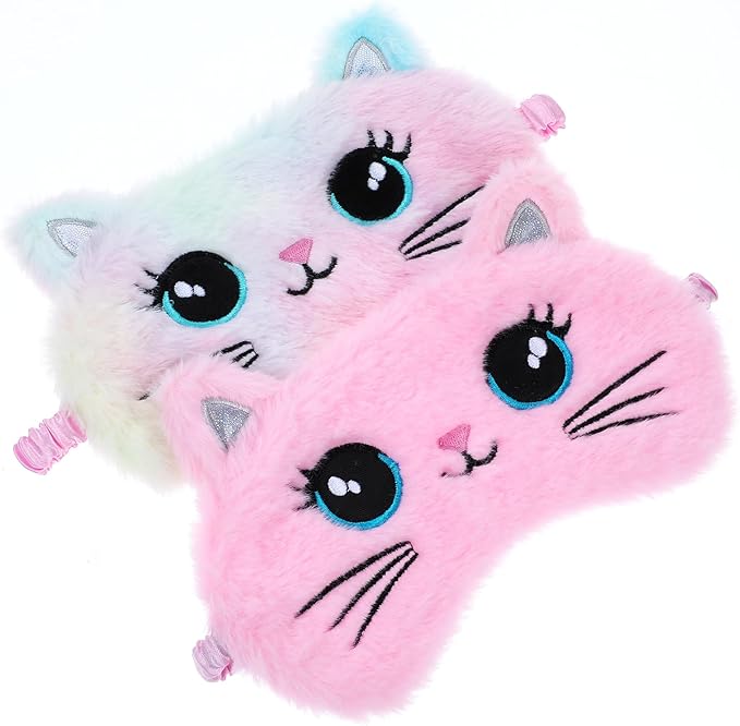 2 Pcs Plush Eye Mask Soft Sleeping Blindfold Eye Cover Comfortable Cute Animal Sleeping Mask Satin Nap Night Eyeshade Cover for Women Men Gift (Pink Muliticolor Cat Style)